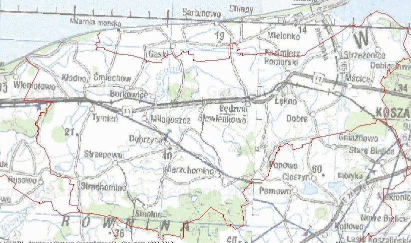 Rysunek 10. Hydrografia Gminy Będzino Źródło: http://bazagis.pgi.gov.pl/website/cbdg/viewer.