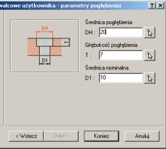 Ustal parametry otworu zgodnie z tabelką: kliknij przycisk Koniec Wymaż oś otworu. Zmiana parametrów otworu.