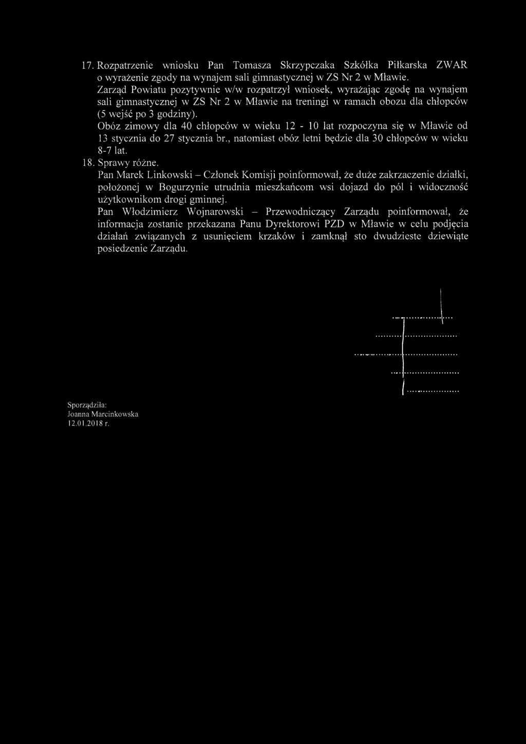 17. Rozpatrzenie wniosku Pan Tomasza Skrzypczaka Szkółka Piłkarska ZWAR o wyrażenie zgody na wynajem sali gimnastycznej w ZS Nr 2 w Mławie.