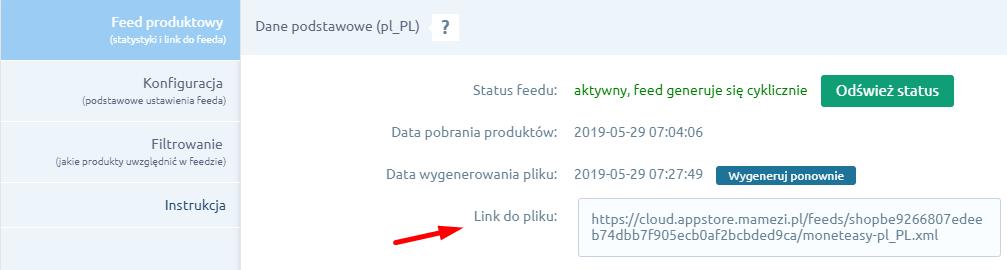 Następnie należy wrócić do zakładki Feed produktowy oraz poczekać aż pobiorą się wszystkie produkty i wygeneruje się plik, pokaże się wtedy link do pliku (ten jest niezmienny, zawsze już będzie pod