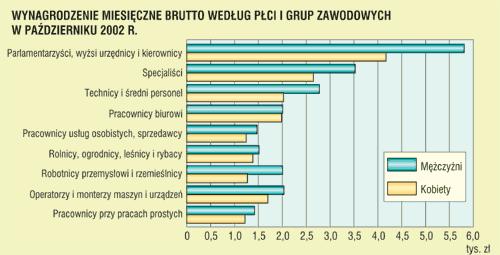 Wynagrodzenia kobiet są zazwyczaj niższe niż mężczyzn. Jak wynika z badań zatrudnienia i wynagrodzeń według zawodów, w październiku 2002 r.