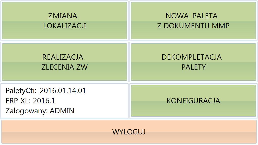 2. Okno główne programu Okno główne programu wygląda następująco: Główne menu zawiera następujące możliwości do wyboru: Zmiana lokalizacji zmiana położenia palety.