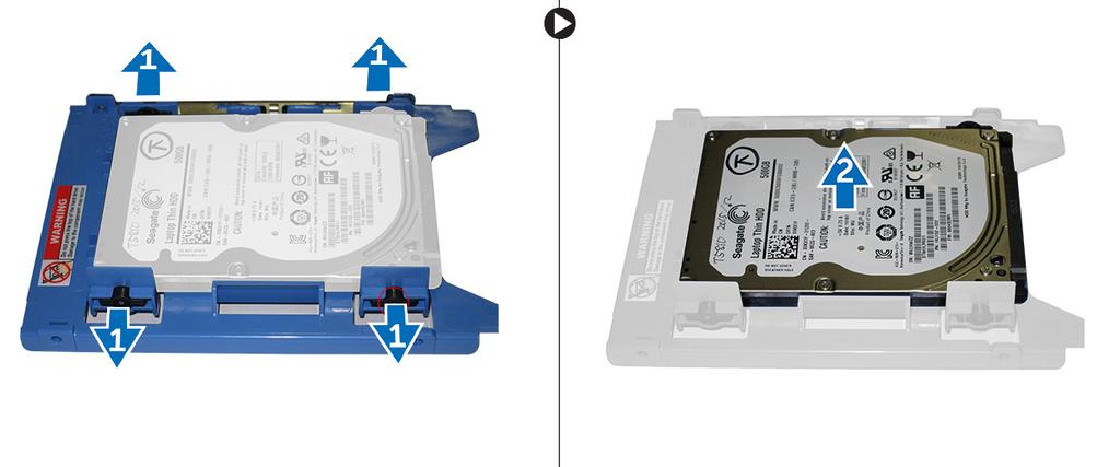 7 Jeśli jest zainstalowany dysk twardy formatu 3,5 cala, należy rozgiąć wspornik dysku twardego z obu stron, aby uwolnić dysk.