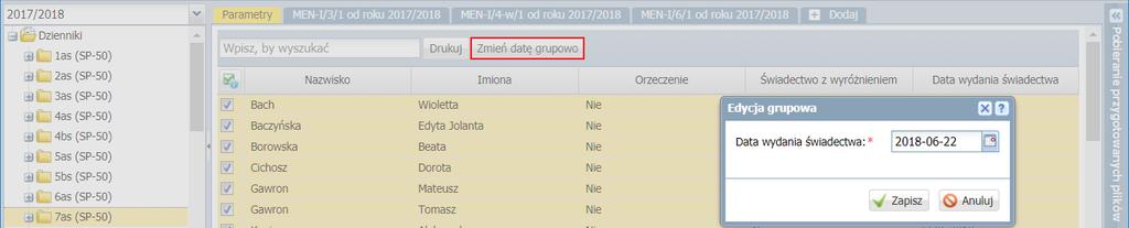 Kliknij przycisk Zmień datę grupowo. 4. W wyświetlonym oknie wprowadź datę i kliknij przycisk Zapisz.