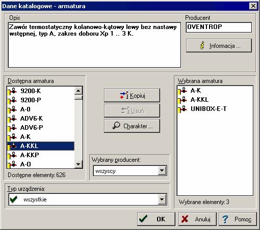 10 Załączniki 1016 Dane katalogowe - Armatura - dialog Dialog służy do określenia zestawu armatury 328 umieszczanej w liście związanej z rozwijanym przyciskiem 343 występującym w pasku funkcji