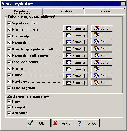 Purmo CO 36 101221Format wydruków / Wydruki - karta Dialog Format wydruków - karta Wydruki Karta służy do wyboru oraz formatowania i sortowania tabel przeznaczonych do druku Aby tabela z wynikami