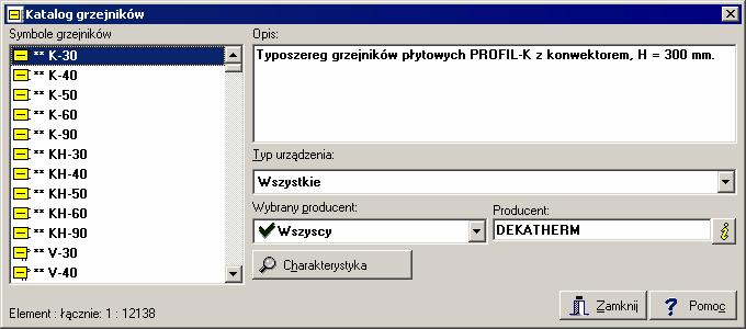 10 Załączniki 10125 Katalog grzejników - dialog Dialog służy do wyboru symbolu katalogowego 346 grzejnika Dialog Katalog grzejników Pola dialogu Symbole - lista Lista symboli katalogowych grzejników,