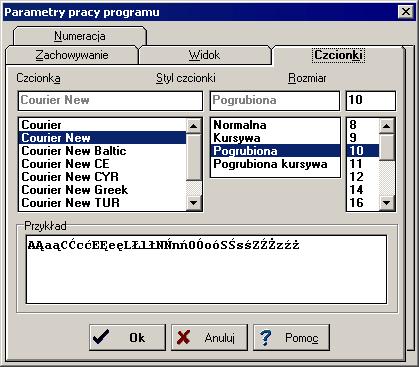 Purmo CO 36 Polecenie Parametry 187, dialog Parametry pracy program 265 101373Parametry pracy programu / Czcionki na ekranie - karta Karta Czcionki umożliwia wybór kroju, stylu i wielkości czcionki