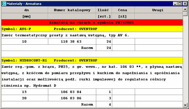 Purmo CO 36 1038 Materiały - Armatura - tabela Tabela zawiera zestawienie armatury 328 wykorzystywanej w projektowanej instalacji Do jej wyświetlenia służy polecenie Armatura 185 wywoływane z menu