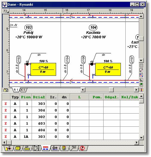 Purmo CO 36 10418 Część tabelaryczna okna z rozwinięciem instalacji Część okna z rozwinięciem instalacji przeznaczona do wprowadzania danych związanych ze wskazanymi elementami instalacji (okno Dane