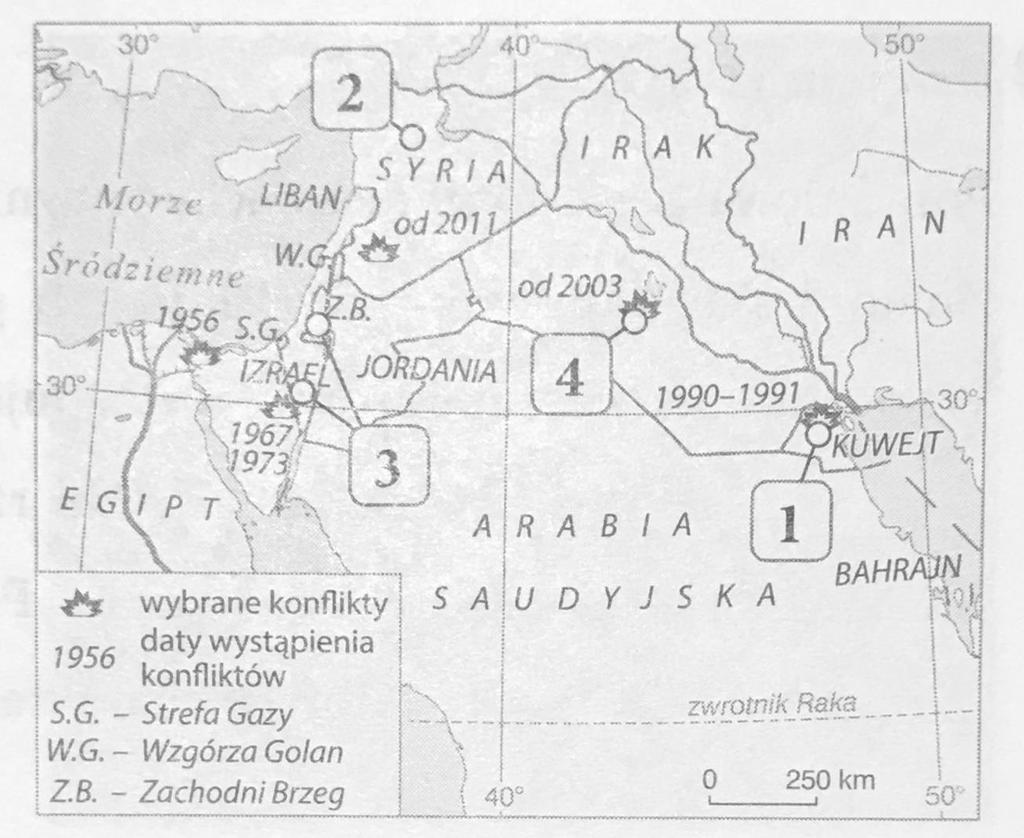 14. (0 2p.) Na mapie Bliskiego Wschodu numerami 1 4 oznaczono miejsca wybranych konfliktów zbrojnych. a) (0 1p.) Obszar, na którym występuje konflikt izraelsko arabski oznaczono na mapie numerem: A.