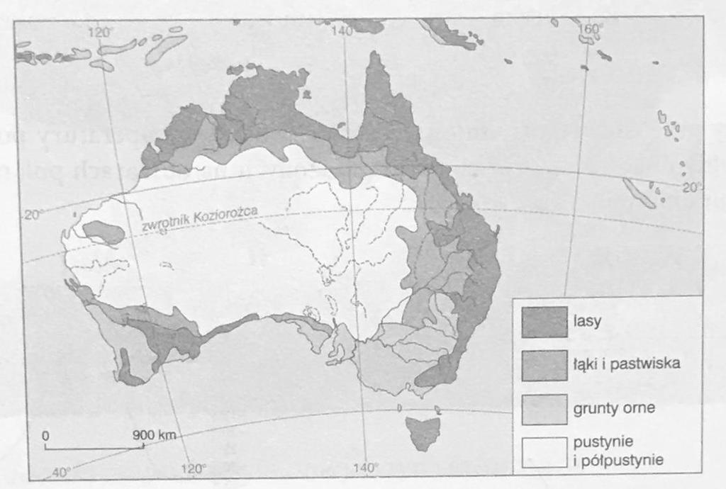 18. (0 2p.) Mapa przedstawia użytkowanie ziemi w Australii. Wykonaj poniższe polecenie na podstawie mapy oraz własnej wiedzy.