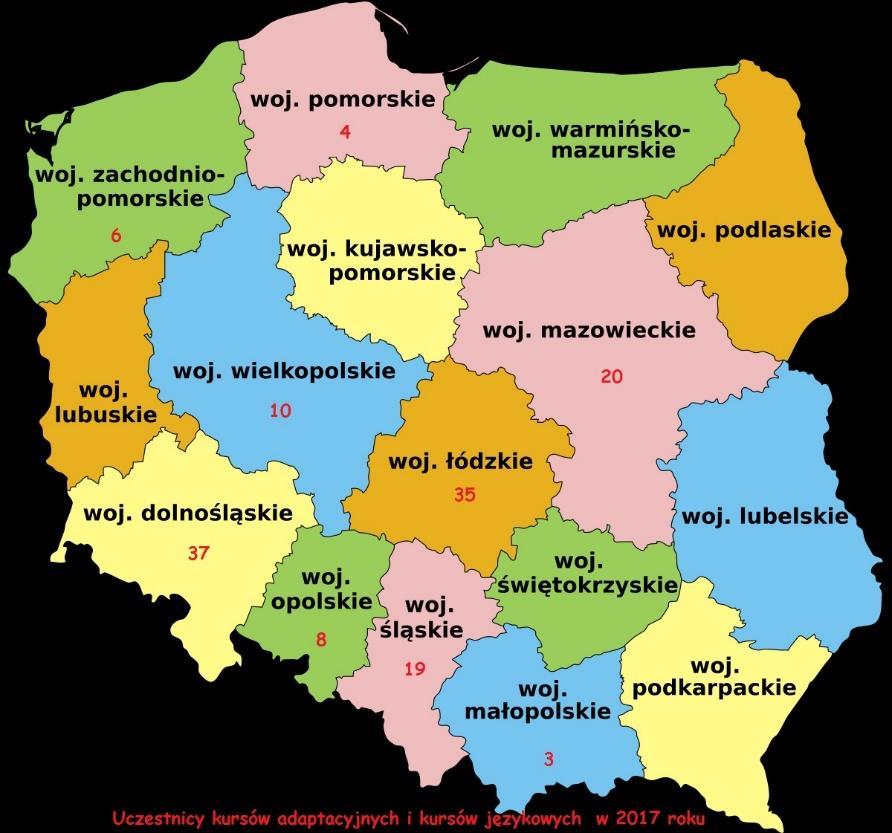 Uczestnicy kursów adaptacyjnych i kursów języka polskiego w formie obozów pochodzili z następujących województw: Kursy języka polskiego w miejscu zamieszkania (wybór miejscowości podyktowany był