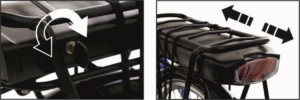 Załączanie zasilania napędu roweru i wyjmowanie baterii. Aby załączyć zasilanie mechanizmu wspomagania należy włożyć baterię do kasety pod bagażnikiem roweru.