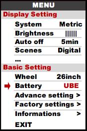10. BATERIA : Naciskanie UP/DOWN spowoduje zmianę, ustawień pojemności baterii dostępne opcje: 24V/36V/48V/UBE,UBE oznacza wartość zdefiniowaną przez użytkownika.