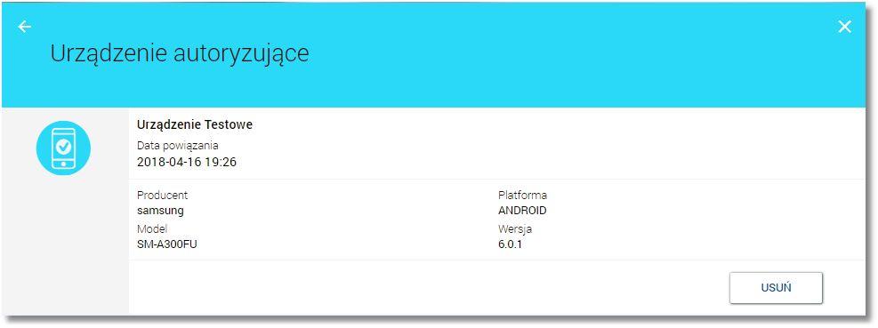 Urządzenie autoryzujące Po wyborze opcji Ustawienia Urządzenie autoryzacyjne prezentowane jest urządzenie autoryzujące przypisane do użytkownika (sparowane z systemem bankowości internetowej).