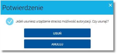 Po kliknięciu przycisku [USUŃ] pojawi się okno z komunikatem, iż usunięcie urządzenia zablokuje możliwość autoryzacji mobilnej oraz przycisk [USUŃ] i [ANULUJ].