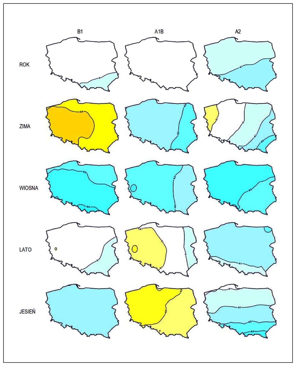 Rysunek 8. Spodziewane zmiany średniej temperatury powietrza ( C) w Polsce w okresie 2011-2030 w stosunku do wartości średnich z okresu referencyjnego 1971-1990 źródło: Wibig J.