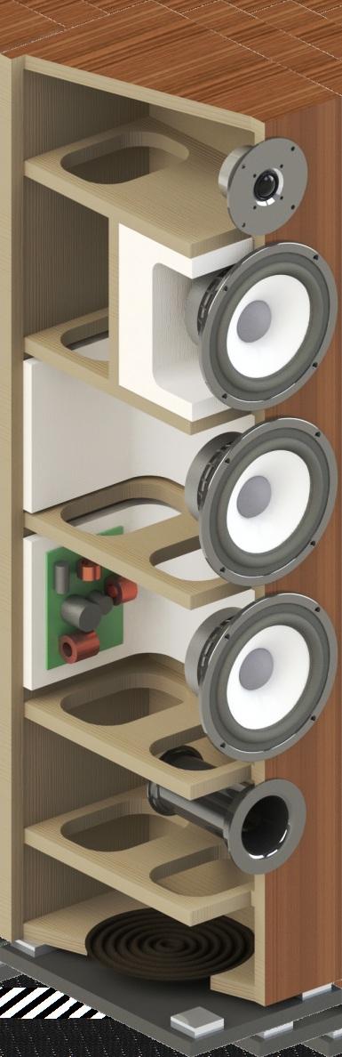 Podzespoły, technologie, materiały: Zastosowanie układu hybrydowego bass-reflex i compression control vent pozwala połączyć najważniejsze zalety konstrukcji obudowy zamkniętej i bass-reflex.