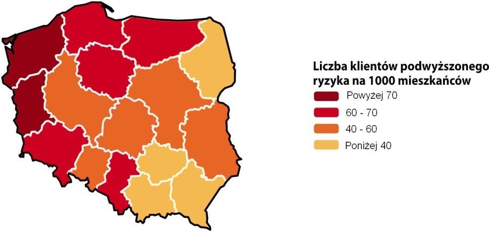 Liczba klientów podwyższonego ryzyka na 1000 mieszkańców Dane z marca 2012 r. wskazują na wzrost liczby klientów podwyższonego ryzyka na 1000 mieszkańców.