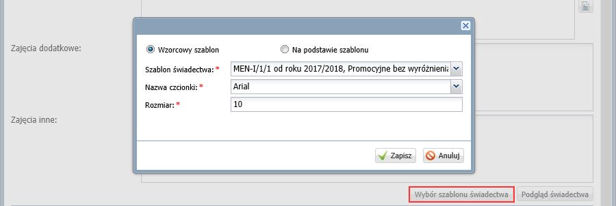 Definiowanie parametrów podglądu świadectwa Jeśli w oknie wprowadzania oceny opisowej ucznia wskażesz szablon świadectwa oraz określisz krój i rozmiar czcionki, to będziesz mógł sprawdzić, czy