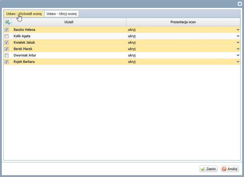 W kolumnie Prezentacja ocen u wskazanych uczniów pojawi się wpis wyświetl. 3. Kliknij przycisk Zapisz.