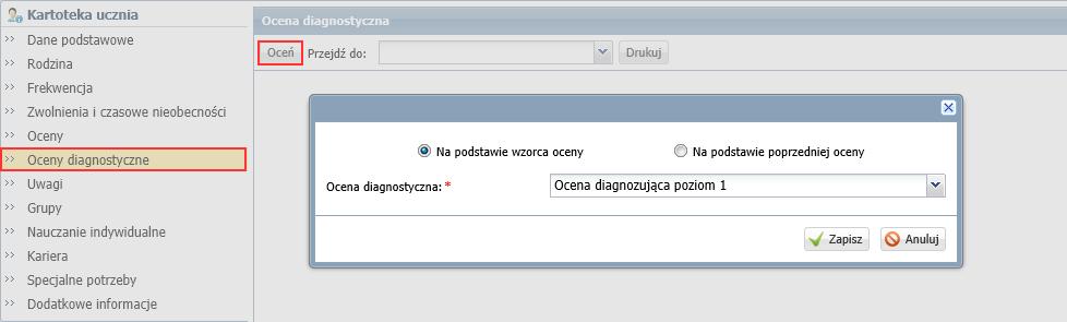 oceniania 17/18 Wyświetli się tabela zawierająca wykaz