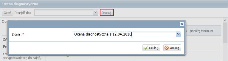 W kartotece ucznia, na karcie Oceny diagnostyczne kliknij przycisk Oceń. 2. W wyświetlonym oknie zaznacz opcję Na podstawie poprzedniej oceny i w polu Z dnia wybierz istniejąca ocenę diagnostyczną. 3.