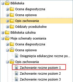 oceniania 4/18 1. W drzewie danych wybierz gałąź Opis zachowania. 2. Zaznacz wszystkie pozycje listy, wstawiając znacznik w pierwszej kolumnie. 3.