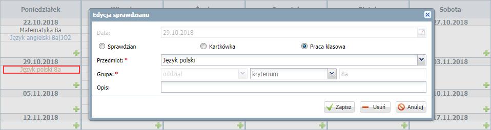 na stronie Przedmioty i nauczyciele. Nauczyciele, którzy nie uczą w oddziale, nie posiadają uprawnień do dodawania pozycji do kalendarza sprawdzianów.