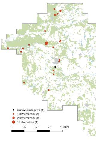 Ryc. 2. Lokalizacja miejsc obserwacji pluszcza Cinclus cinclus w Wielkopolsce w latach 1951 2017 Fig. 2. Location of the places with noted dipper Cinclus cinclus in Wielkopolska region in 1951 2017 Nie wiadomo do jakiego podgatunku należały ptaki, które gniazdowały w Wielkopolsce.