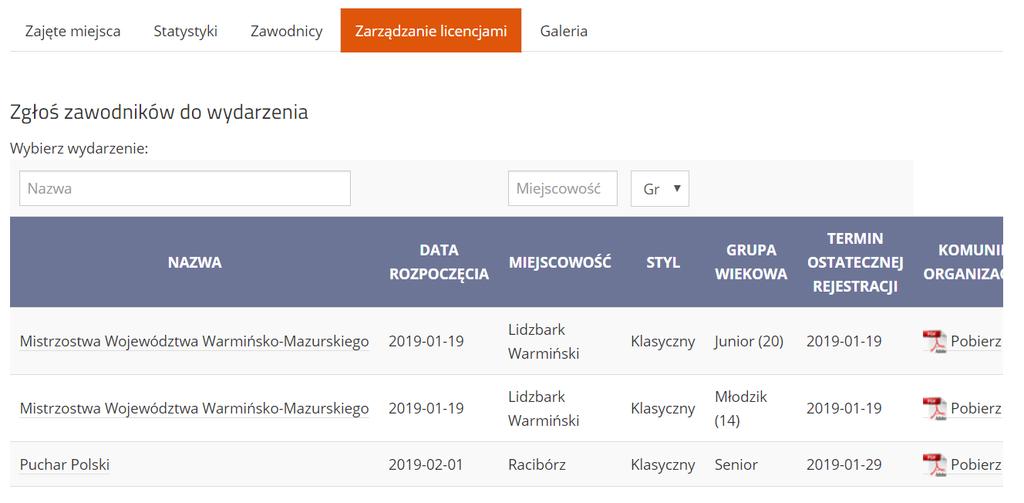 Po kliknięciu w przycisk wyświetlana jest lista nadchodzących wydarzeń: Na liście znajdują się zawody, dla których termin rejestracji jeszcze nie upłynął.