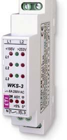 L1 L2 WKS-3 Dane techniczne Napięcie zasilające 230/400 V AC Próg zadziałania <195V, >253V Histereza ok. 10V Zwłoka czasowa ok. 5s Czas przełączenia <200ms Obciążalność styku 6A AC1 Pobór mocy ok.