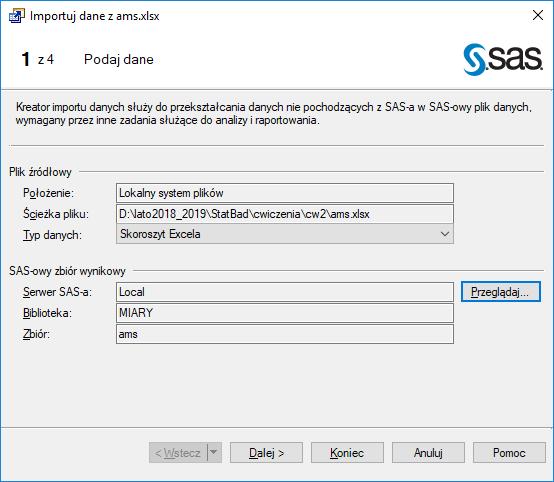 5. Importuj do EG arkusz roboczy STAT ze skoroszytu MS Excel o nazwie ams.xlsx. Importowany arkusz zapisz pod nazwą ams w bibliotece STAT. 6.
