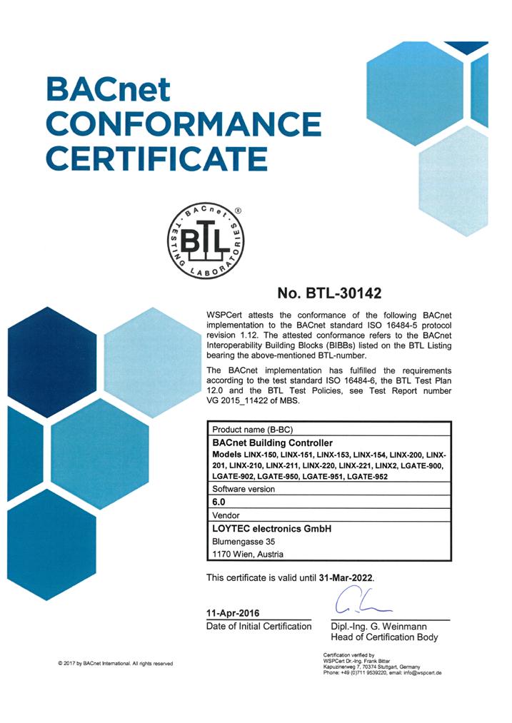 Pełna rodzina serwerów L-INX Serwer automatykis i L-GATE z obsługą BACnet jest testowana i certyfikowana przez BTL zgodnie z normą ISO16484-6: 2016 jako BACnet Building Sterownik (B-BC).