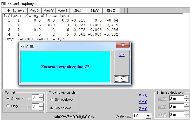W module Dane będzie się pokazywała suma odczytanych sił węzłowych jak również suma odczytanych sił polowych.