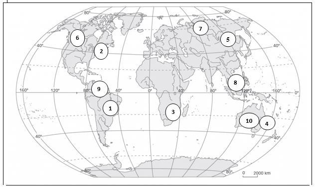 Zadanie 22. (0-3p.) Na mapie świata, za pomocą cyfr od 1 do 10, oznaczono ważne obiekty geograficzne.