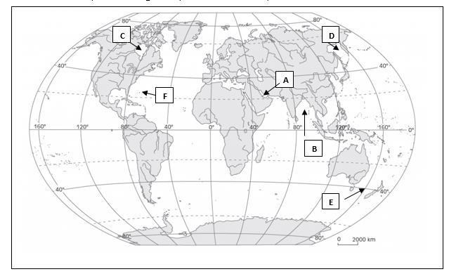 Zadanie 23. (0-2p.) Na mapie świata, za pomocą liter od A do F, oznaczono obiekty hydrologiczne. Rozpoznaj je i wpisz ich nazwy w odpowiednie miejsca w tabeli. Wybierz spośród wymienionych.