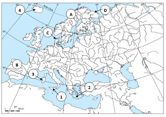Zadanie 10. (0-3p.) Na mapie konturowej Europy, za pomocą liter od A do D, oznaczono półwyspy oraz za pomocą cyfr od 1 do 4 oznaczono wyspy.