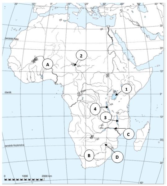 Zadanie 14. (0-3p.) Na mapie Afryki oznaczono obiekty geograficzne: za pomocą liter od A do D oznaczono rzeki i za pomocą cyfr od 1 do 4 oznaczono jeziora.
