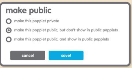 Po wybraniu przycisku make popplet public rozwinie się dodatkowe okienko, w którym możemy określić, czy nasz popplet ma być prywatny (make this popplet private),
