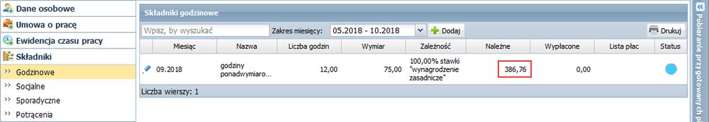 Program graficznie prezentuje status składników opisanych w kartotece pracownika (w kolumnie Status). Kółko niebieskie oznacza, że składnik nie został wypłacony.