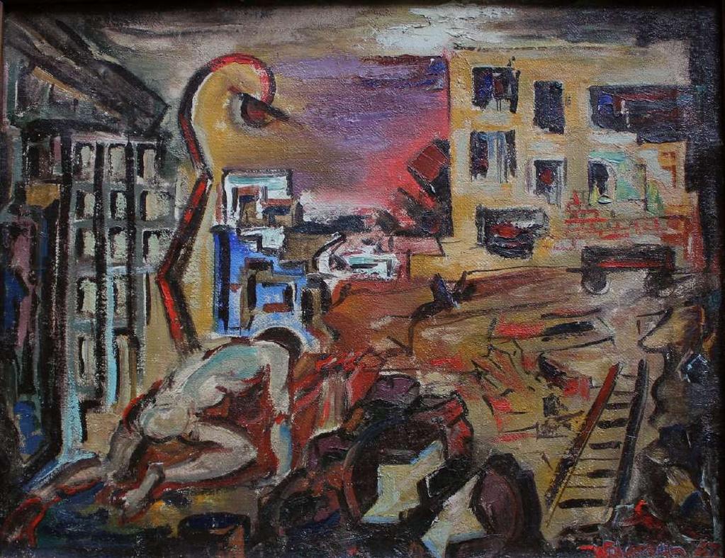 77. Mosze Waldman(1911-1996) Ghetto(1947) sygn.dat.p.d. olej, płótno 50x65.