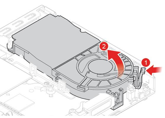Rysunek 46. Wyjmowanie wentylatora systemowego Rysunek 47. Instalowanie wentylatora systemowego 6. Podłącz kabel wentylatora systemowego do złącza wentylatora systemowego na płycie głównej. 7.