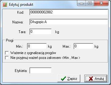 umożliwiających sygnalizację relacji ważonej masy względem tych progów (poniżej minimum, Ok, powyżej maksimum) oraz blokowanie dodawania ważeń poniżej określonej wartości minimalnej, podanie nazwy