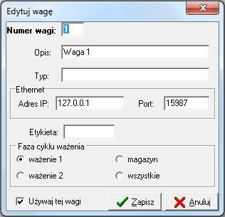 5.3.4 Wagi Zakładka Wagi okna Edycja baz danych zawiera dane dotyczące wag pracujących w systemie.