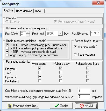 a) W zakładce Ogólne można ustawić następujące parametry: rodzaj podłączenia komputera do wag (Ethernet lub Port szeregowy), numer portu szeregowego COM, do którego podłączona jest waga i szybkość