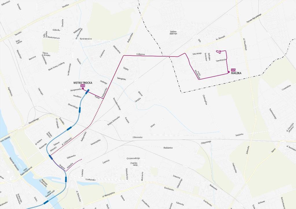 linia Trasa obecnie Propozycja zmiany trasy Zakres zmian 345 ZĄBKI /MACZKA/ Gajowa Kosynierów gen. S. Maczka Powstańców marsz. J. Piłsudskiego Warszawska Warszawa: Łodygowa Radzymińska al.