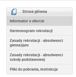 7. W pozostały zakładach w menu znajdują się instrukcje, druki do pobrania, szczegółowy harmonogram rekrutacji oraz terminy dodatkowych sprawdzianów.