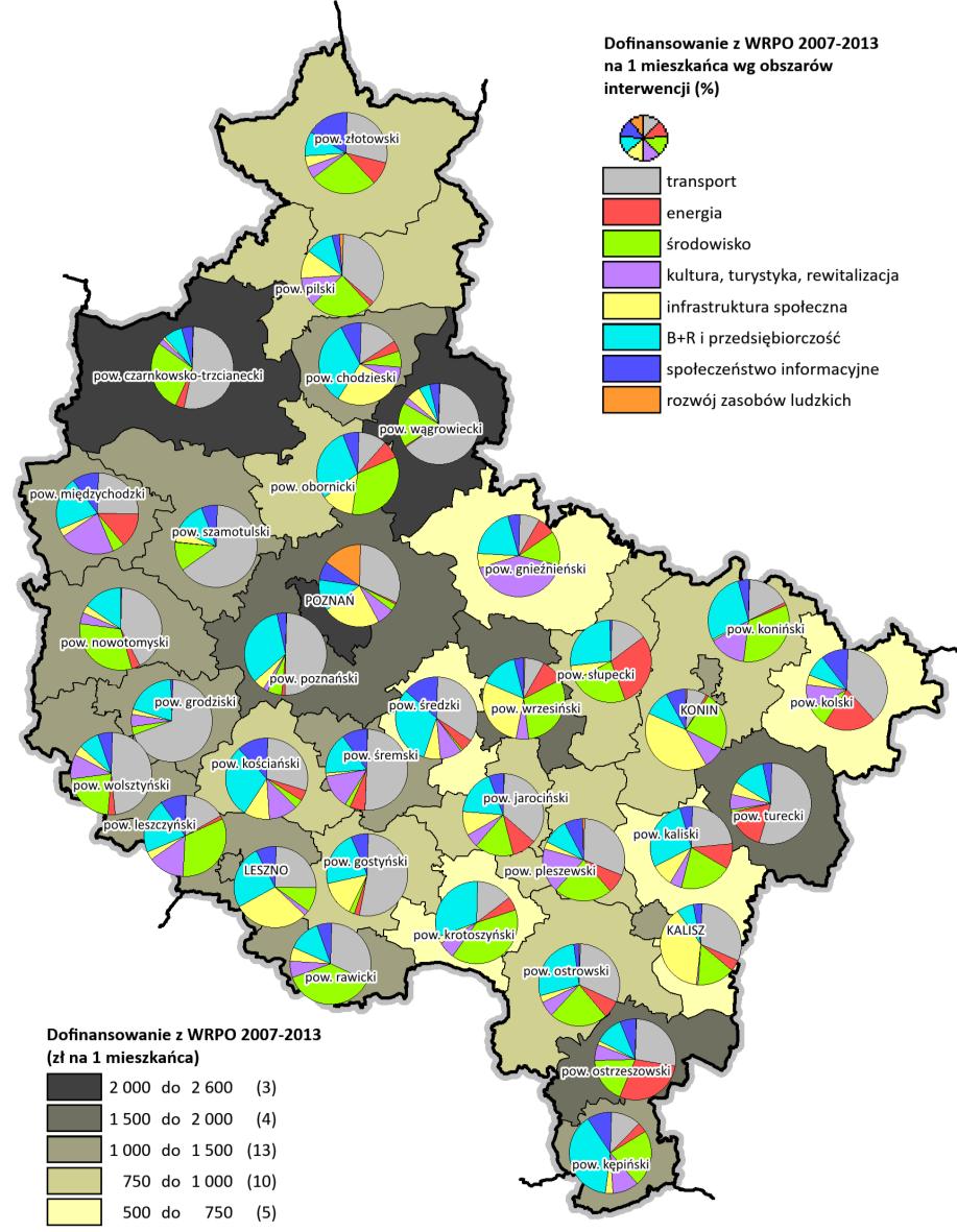 INFORMACJE UZUPEŁNIAJĄCE Dofinansowanie z WRPO 2007-2013 na 1 mieszkańca oraz struktura dofinansowania według obszarów interwencji (stan